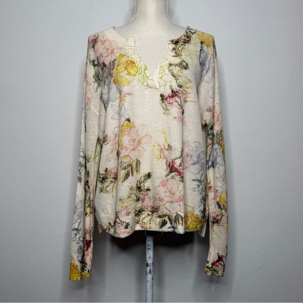 Anthropologie Cream Floral Lightweight V Neck Sweater Viscose Linen Size S